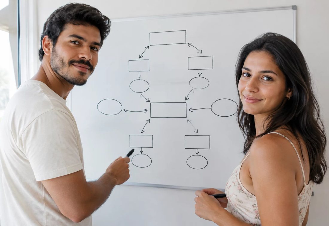 Dupla desenhando no quadro branco a estrutura de uma tese